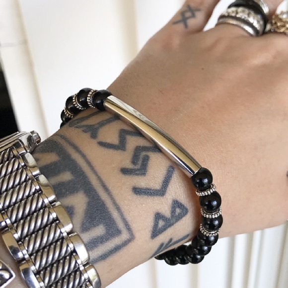 🔴 Genuine onyx gemstones beads silver bar boho stack bracelet - Picture 6 of 9